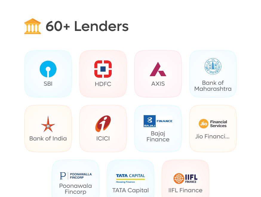 Grid of partner lender logos including SBI, HDFC, ICICI and more